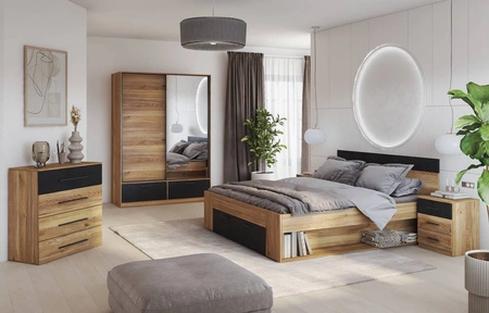 Szafa przesuwna Beta 150 cm dąb mauvella / czarny pojemna szafa z lustrem świetnie sprawdzi się w pomieszczeniach o każdej wielkości