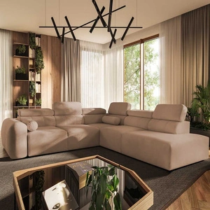 Narożnik z funkcją spania Cantare IX łososiowy prawostronny komfortowy narożnik rozkładany nowoczesny design pluszowa tkanina