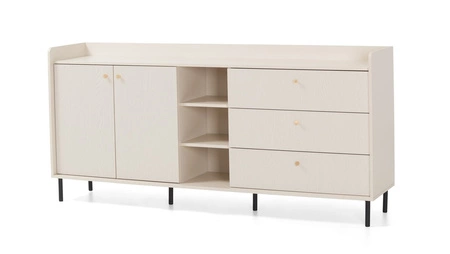 Komoda z szufladami Ferdi 194 cm beż piaskowy elegancki design wysokie ranty blatu fronty komody wzbogacone złotymi uchwytami