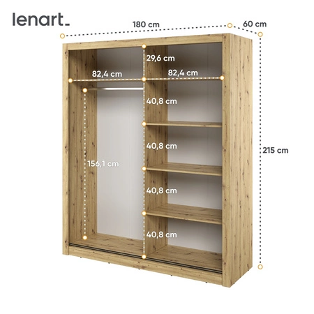 Szafa przesuwna z lustrem Arti 180 cm dąb artisan pojemna szafa do przedpokoju drzwi szafy wykończone lustrami w ciekawej konfiguracji