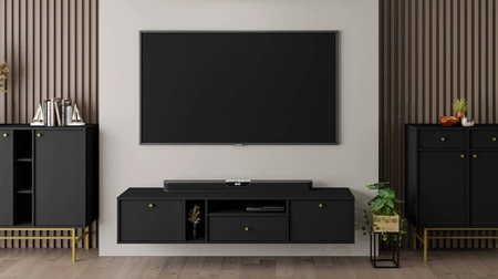 Szafka RTV wisząca Kioto IV 180 cm czarny grafit elegancka szafka w ponadczasowej kolorystyce subtelne uchwyty w kolorze złotym