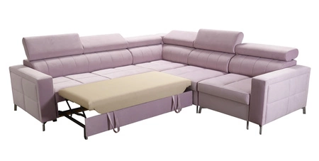 Narożnik z funkcją spania Nausa IV pudrowy róż prawostronny velvet dekoracyjne przeszycia na siedzisku narożnik z pojemnikami na pościel