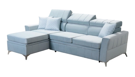 Narożnik z funkcją spania Rava błękitny lewostronny velvet komfortowy i funkcjonalny narożnik z regulowanymi zagłówkami
