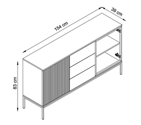 Komoda z szufladami Amma 154 cm czarny / dąb wotan wyjątkowy design dekoracyjne ryflowane i przeszklone fronty komody