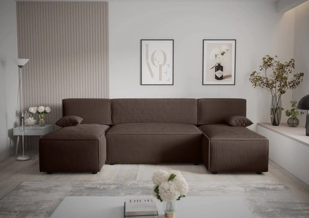 Narożnik z funkcją spania Brandon U brązowy pojemnik na pościel trójwymiarowa tkanina o wyrazistych prążkach