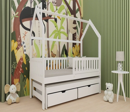 Łóżko dziecięce Miki 80x160 cm białe łóżko 2 osobowe wysuwane do pokoju dziecka łóżko domek wykonane z litego drewna sosnowego
