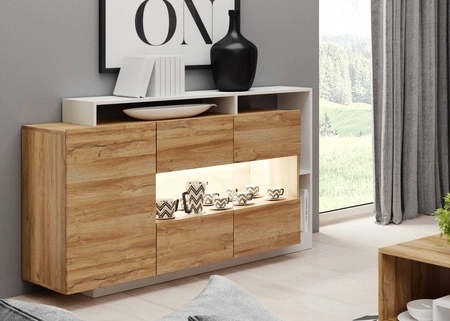 Komoda Elma 155 cm dąb grandson / biały nowoczesny design mebla obrzeża komody wykończone specjalną okleiną ABS