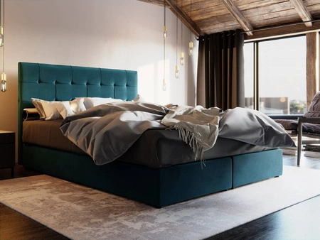 Łóżko kontynentalne Widnes 160x200 turkusowy w nowoczesnym skandynawskim stylu z charakterystycznym wezgłowiem