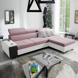 Narożnik z funkcją spania Dafni lawendowy róż / biały prawostronny pleciony komfort i funkcjonalność podczas codziennego wypoczynku