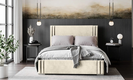 Łóżko tapicerowane Tatui 160x200 beżowe stylowe łóżko z pojemnikiem na pościel wygodny zagłówek zachwyca eleganckim designem