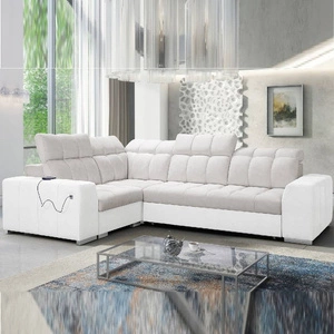 Narożnik z funkcją spania Luigi II jasny beż / biały lewostronny komfort podczas codziennego wypoczynku narożnik z pojemnikiem na pościel