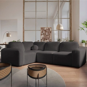 Narożnik z funkcją spania Arbon II grafitowy lewostronny stylowe wzornictwo charakterystyczny obły kształt pojemnik na pościel