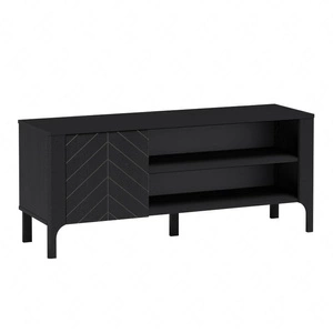 Szafka RTV Malumi 135 cm czarna nowoczesna forma szafka pod telewizor z ozdobnym wzorem jodełki na frontach wysokie nogi