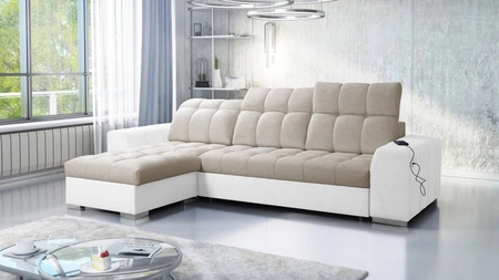 Narożnik z funkcją spania Luigi beżowy / biały lewostronny narożnik z dwoma pojemnikami na pościel tkanina o ciekawej strukturze