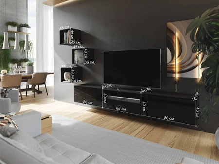 Meblościanka Sarti czarna / czarny połysk stylowy design funkcjonalny kącik multimedialny w niezwykle nowoczesnym stylu