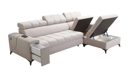 Narożnik z funkcją spania Bolmso miętowy prawostronny narożnik z dwoma pojemnikami na pościel praktyczna szuflada w boczku mebla