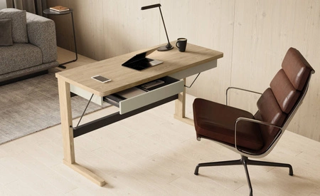 Biurko Ollie 131 cm dąb olejowany / beżowy / czarny designerskie biurko z szufladami i ergonomicznym blatem do domowego biura