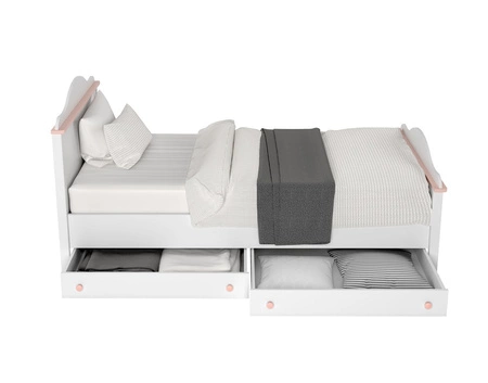 Szuflada do łóżka Luna 90x200 cm biała szuflada na kółkach z różowymi uchwytami praktyczny i pojemny schowek