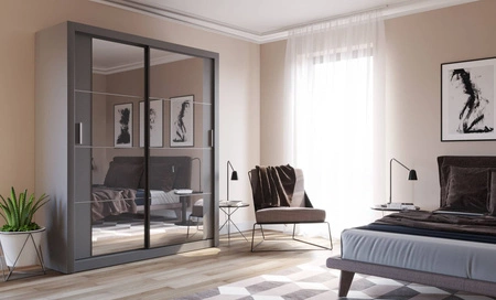 Szafa przesuwna z lustrem Arti 180 cm szara pojemna szafa do przedpokoju drzwi szafy wykończone lustrami w ciekawej konfiguracji