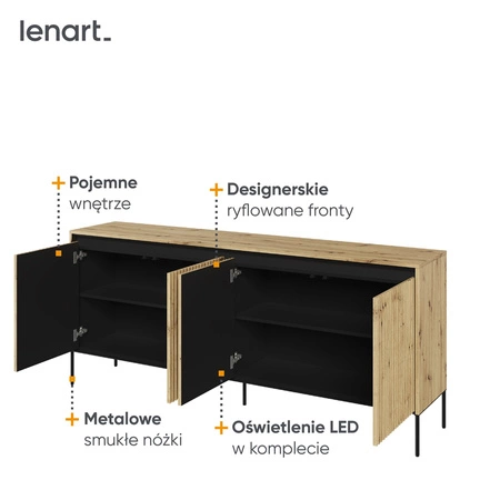 Komoda Trend 193 cm dąb artisan wyjątkowy design pojemna komoda do salonu z oświetleniem LED charakterystyczne ryflowane fronty