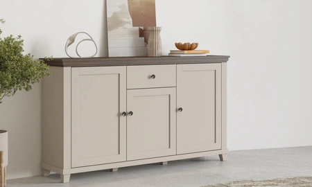 Komoda z szufladą Evora 160 cm beżowa / dąb dunin funkcjonalna idealna do wnętrz w stylu nowoczesnym klasycznym i skandynawskim