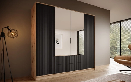 Szafa z lustrem Norel 200 cm dąb artisan / czarny stylowa szafa o nowoczesnym designie z ryflowanymi frontami i pojemnymi szufladami