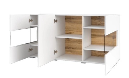 Komoda Ava 120 cm biała / dąb wotan z możliwością powieszenia idealna komoda do każdego wnętrza designerska komoda z przeszkleniem