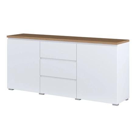 Komoda z szufladami Modo 150 cm biała / dąb mauvella prosta forma w nowoczesnym wydaniu idealna komoda do salonu lub sypialni frezowany uchwyt