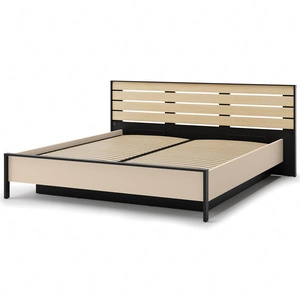 Łóżko Enna 180x200 cm beżowy / czarny / dąb natura wygodne łóżko z pojemnikiem na pościel wysoki zagłówek z oświetleniem LED