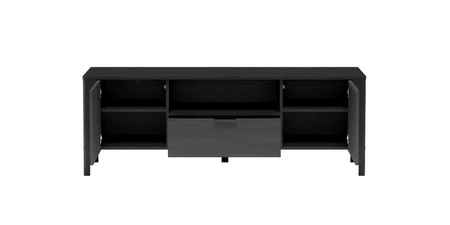 Szafka RTV Malumi 160 cm czarna stylowy design ozdobny wzór jodełki na frontach minimalistyczny metalowy uchwyt wysoka podstawa