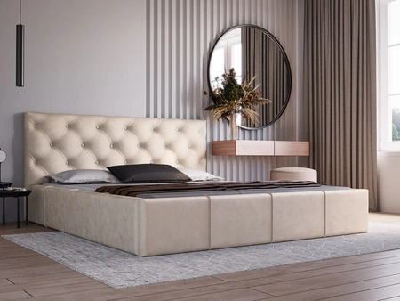 Łóżko tapicerowane Eliza 140x200 beżowe stylowe łóżko z pojemnikiem na pościel wygodny zagłówek zachwyca eleganckim designem