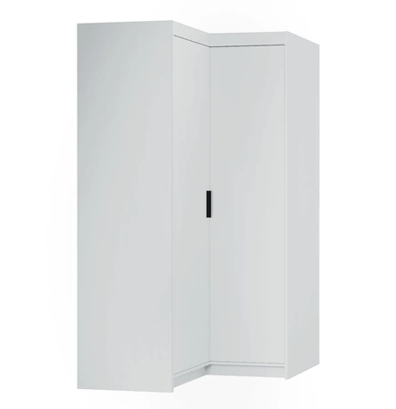 Szafa narożna Rene biała nowoczesny design obrzeża wykończone ABS fronty szafy do sypialni o matowym wykończeniu czarne uchwyty