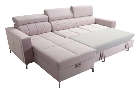 Narożnik z funkcją spania Nausa granatowy lewostronny velvet stylowy komfortowy narożnik regulowane zagłówki pojemnik na pościel