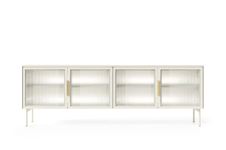 Szafka RTV Lumi 181 cm beżowa designerska stylistyka szafki pod telewizor z przeszklonymi frontami i klimatycznym oświetleniem ledowym