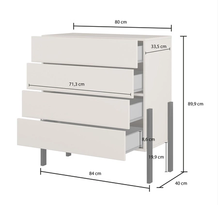 Komoda z szufladami Jukon S 80 cm beżowa gustowna forma mebla w nowoczesnym stylu system otwierania push to open metalowe czarne nogi