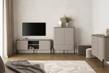 Zestaw mebli do salonu Belle ciemny beżowy stylowe meble o zaokrąglonym kształcie system otwierania push to open metalowe czarne nogi