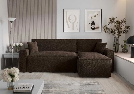 Narożnik z funkcją spania Brandon Bis brązowy prawostronny miękka tkanina o charakterystycznej pętelkowej powierzchni pojemnik na pościel