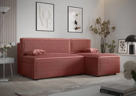 Narożnik z funkcją spania Brandon indyjski róż prawostronny trójwymiarowa tkanina o wyrazistych prążkach pojemnik na pościel