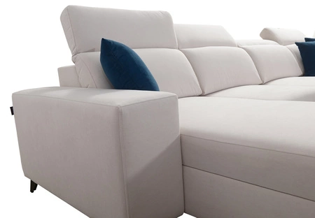 Narożnik z funkcją spania Kelly IV jasny brąz lewostronny pleciony komfortowy narożnik regulowane zagłówki bok wykończony lamelami