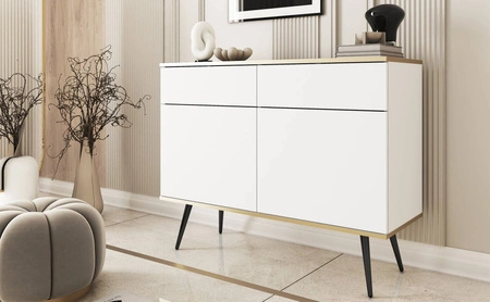 Komoda z szufladami Luxury 107 cm biała nowoczesny design komody do salonu korpus zwieńczony złotą listwą czarne metalowe nogi