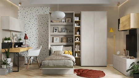 Biurko z szafką wiszącą Teen Flex 150 cm hikora naturalna / silk flou wyjątkowy design biurka z szufladami solidna metalowa podstawa