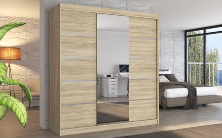 Szafa przesuwna z lustrem Bergen 200 cm dąb sonoma jasny klasyczna forma dekoracyjne listwy na frontach szafy do przedpokoju