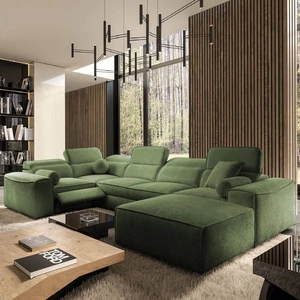 Narożnik z funkcją spania Viano IV Lux zielony prawostronny designerski narożnik z wysuwanym podnóżkiem duży pojemnik na pościel