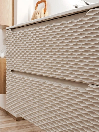 Szafka pod umywalkę Ocean 70 cm dąb olejowany / beżowy designerska szafka z szufladami ryflowania w kształcie fal frezowane uchwyty