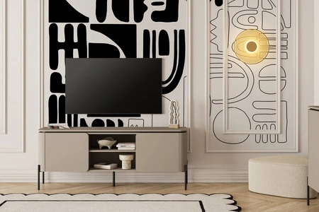 Szafka RTV Belle 163 cm ciemny beżowy elegancka szafka pod telewizor o zaokrąglonym kształcie wsparta na metalowych czarnych nogach