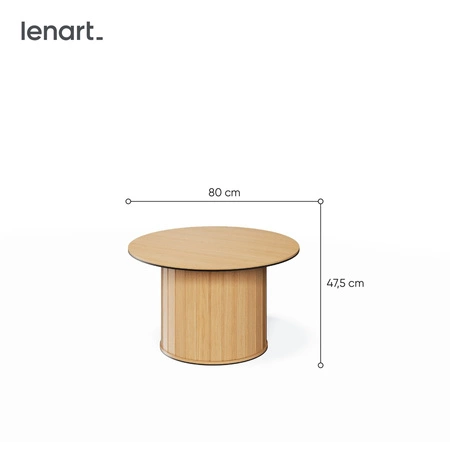 Stolik kawowy okrągły Rotto 80 cm dąb vincenza nowoczesny design solidna podstawa przyozdobiona dekoracyjnymi lamelami