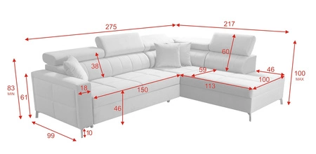 Narożnik z funkcją spania Nausa III beżowy prawostronny velvet stylowy komfortowy narożnik regulowane zagłówki pojemnik na pościel