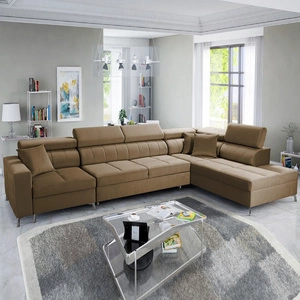 Narożnik z funkcją spania Nausa X jasny brąz prawostronny narożnik z dwoma pojemnikami na pościel wykonanie z tkaniny typu velvet