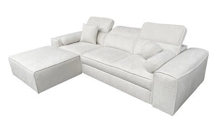 Narożnik z funkcją spania Viano kremowy lewostronny stylowy narożnik o ciekawym kształcie regulowane zagłówki ozdobne poduszki