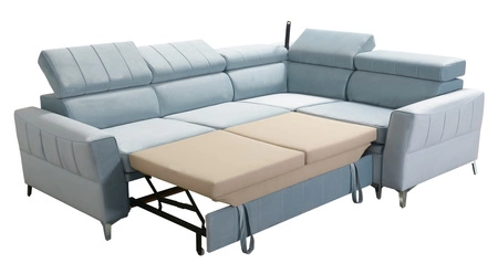 Narożnik z funkcją spania Rava II brązowy prawostronny velvet komfortowy narożnik z pojemnikiem na pościel wielofunkcyjna lampka